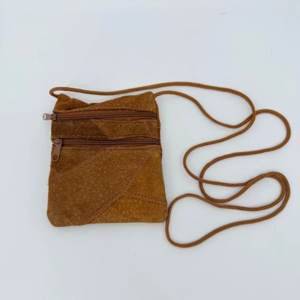 100% Suede Leather Crossbody Bag‎ Patchwork Look Brown Mini Boho Festival Purse